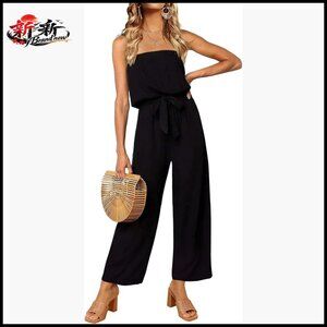 Off Shoulder Strapless Belted Wide Leg Jumpsuit Romper Polyester Blend